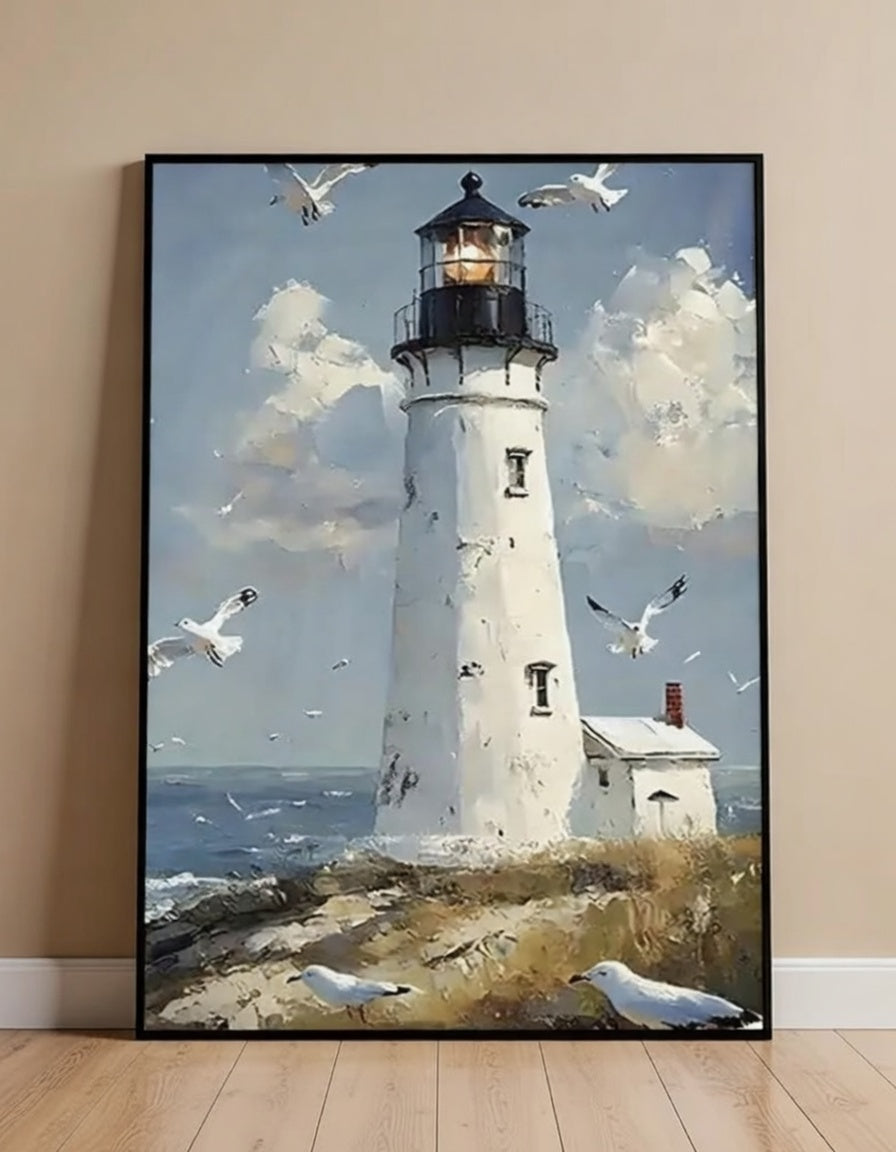 Plakat Lighthouse with Seagulls – Latarnia Morska z Mewami | Coastal Impressionist Dekoracja Ścienna