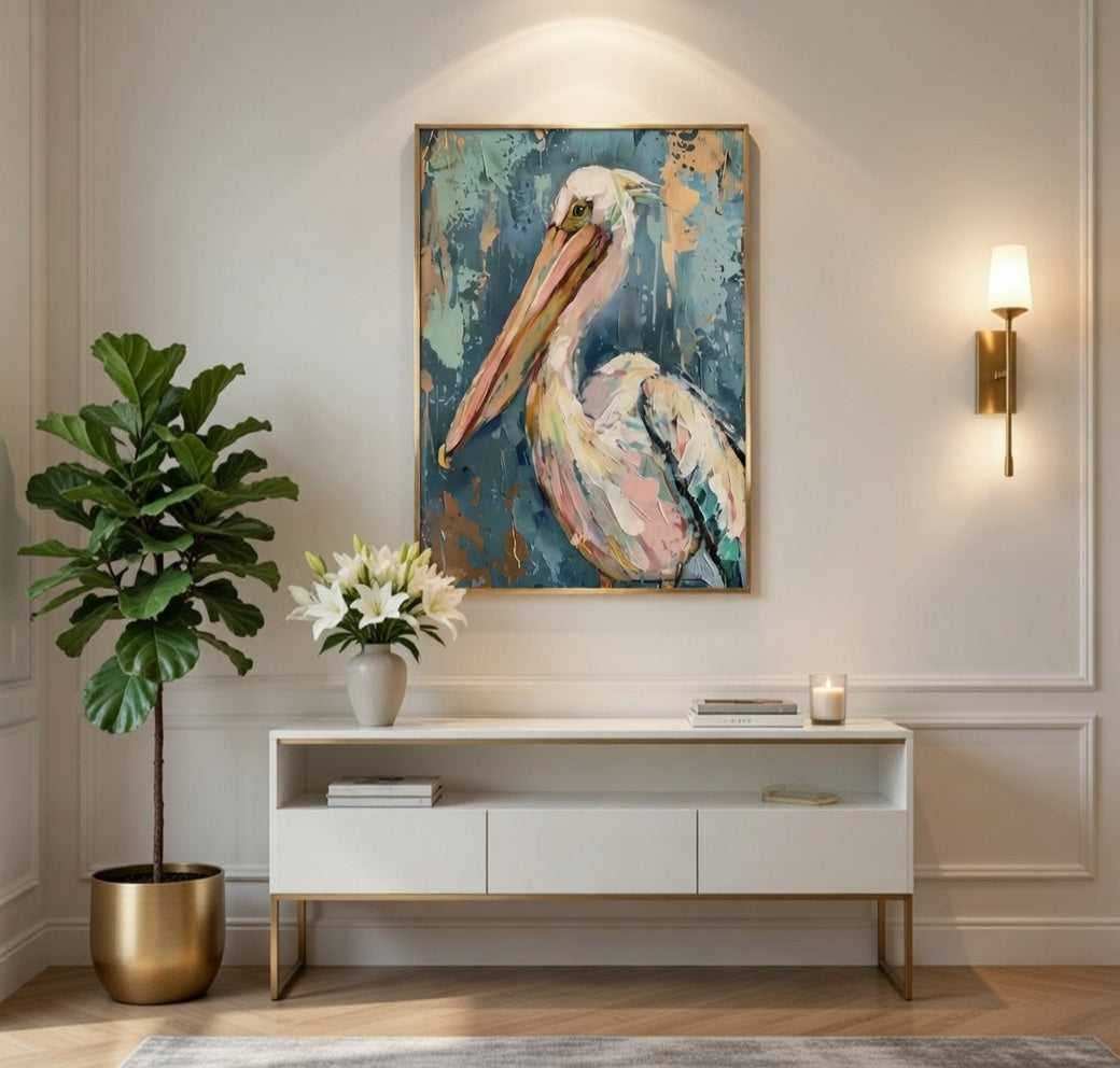 Plakat Pelican Portrait – Biały Pelikan | Coastal Impressionist Oil Painting Dekoracja Ścienna