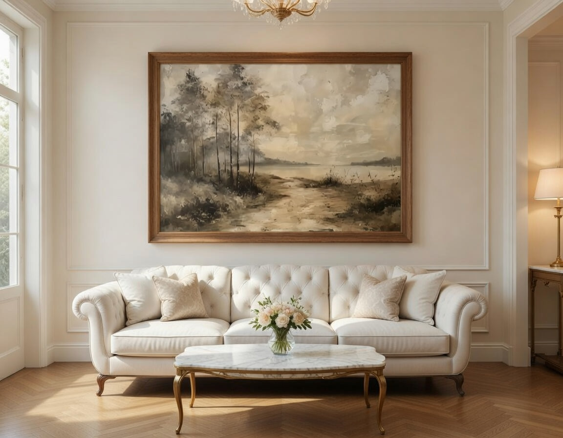 Plakat Lakeside Serenity – Brzozowy Krajobraz nad Jeziorem | Malarski Vintage Dekoracja Ścienna