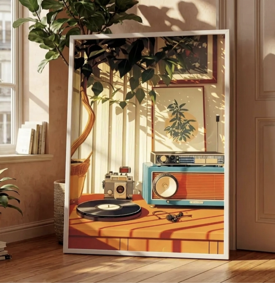 Plakat Vintage Radio & Vinyl – Retro Muzyczna Nostalgia | Mid-Century Modern Dekoracja Ścienna
