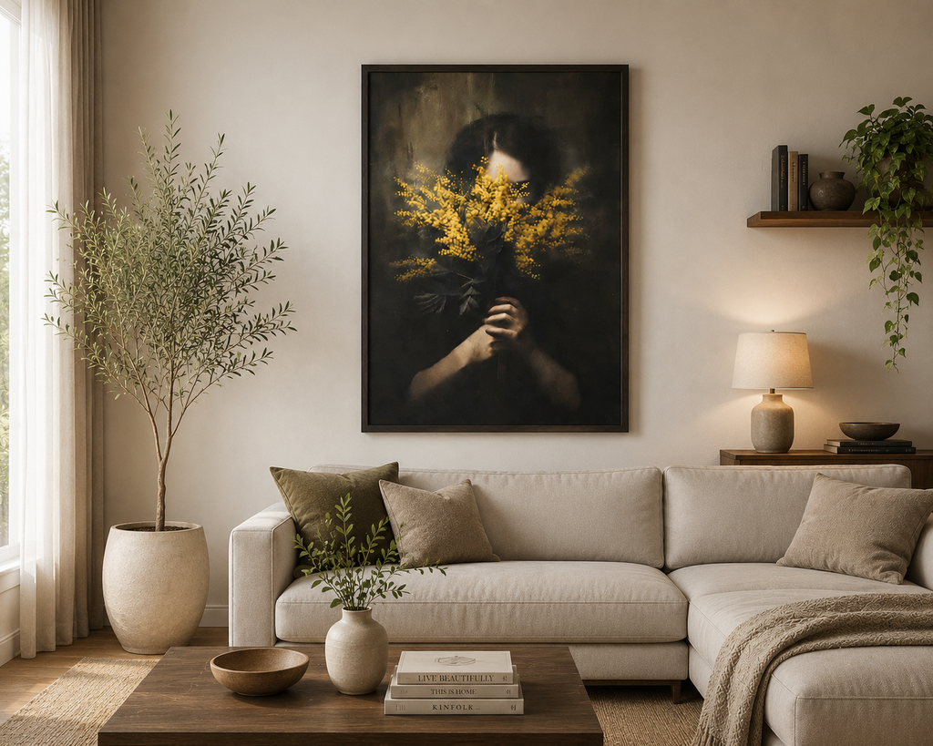 Plakat Mimosa – Kobieta z Gałązką Mimozy | Dark Figurative Moody Editorial Gothic Romantic Dekoracja Ścienna