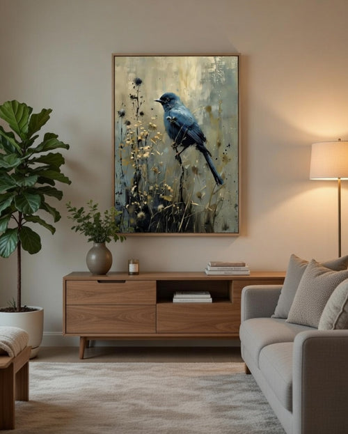 Plakat Blue Bird – Niebieski Ptak wśród Suchych Kwiatów | Moody Oil Painting Dark Botanical Quiet Luxury Dekoracja Ścienna