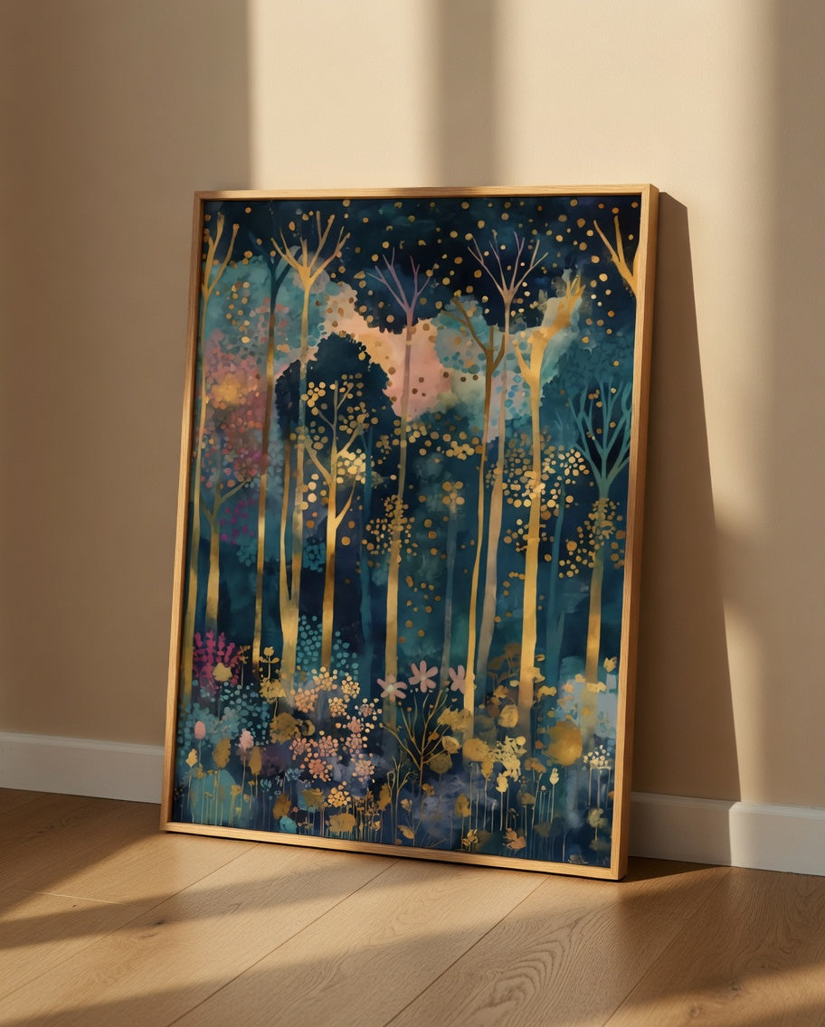 Plakat Golden Forest – Złoty Las z Kwiatami | Whimsical Art Nouveau Dark Luxury Dekoracja Ścienna