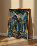 Plakat Golden Forest – Złoty Las z Kwiatami | Whimsical Art Nouveau Dark Luxury Dekoracja Ścienna