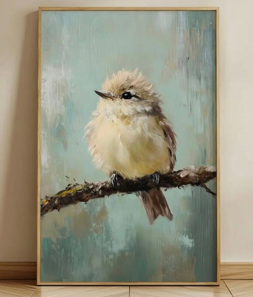 Plakat Little Bird on a Branch – Puszysty Ptaszek na Gałązce | Cottagecore Vintage Oil Painting Dekoracja Ścienna