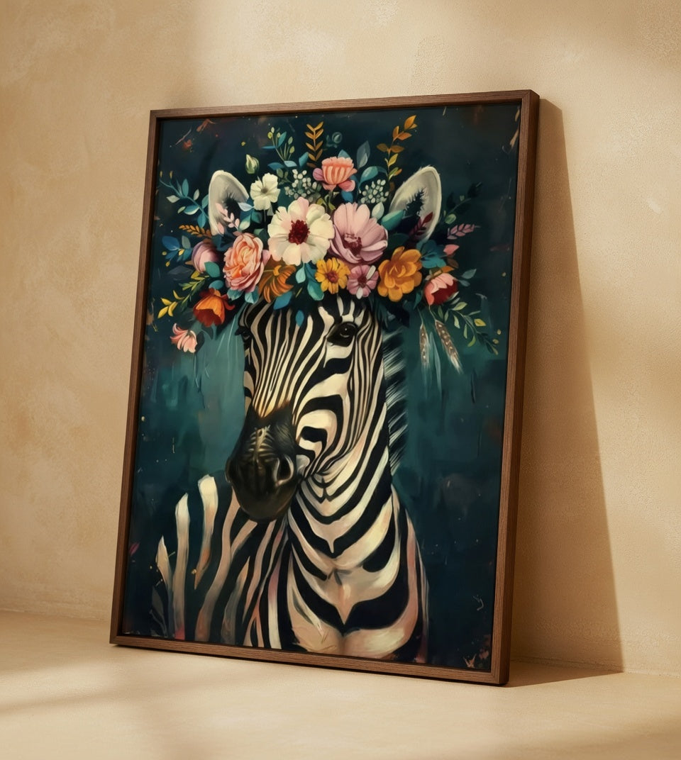 Plakat Floral Zebra – Zebra w Kwiatowej Koronie | Boho Maximalist Animal Art Dekoracja Ścienna