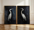 Plakat Zestaw Dwie Czaple – White Herons Diptych | Dark Luxury Japandi Dekoracja Ścienna