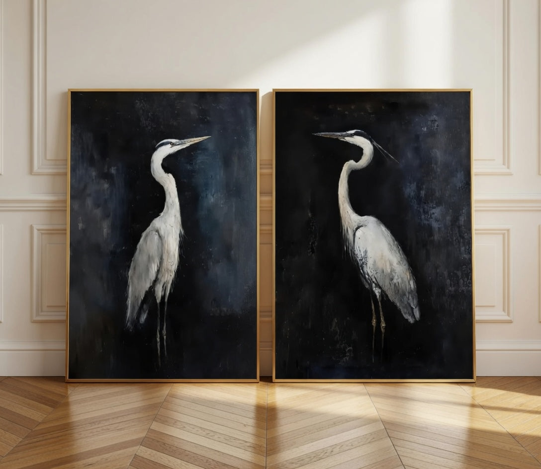 Plakat Zestaw Dwie Czaple – White Herons Diptych | Dark Luxury Japandi Dekoracja Ścienna