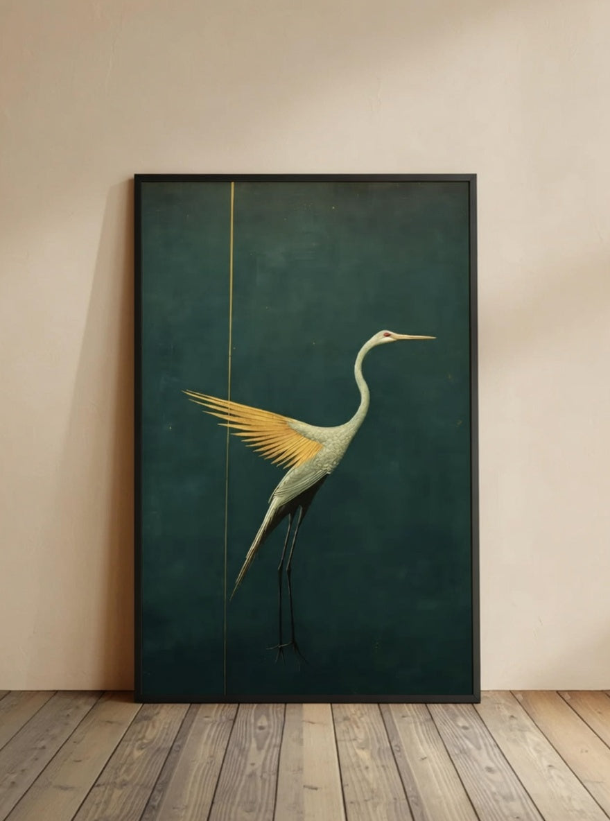 Plakat Golden Heron – Złota Czapla na Zieleni | Japandi Luxury Minimalist Dekoracja Ścienna