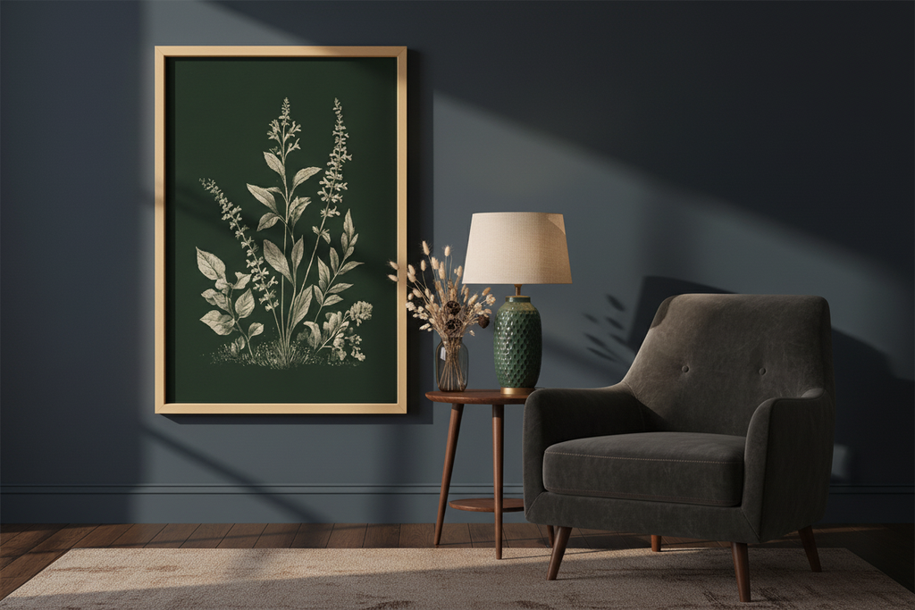 Plakat Botanical Herbs – Kremowe Zioła na Ciemnej Zieleni | Vintage Botaniczny Plakat Winylowy Dekoracja Ścienna