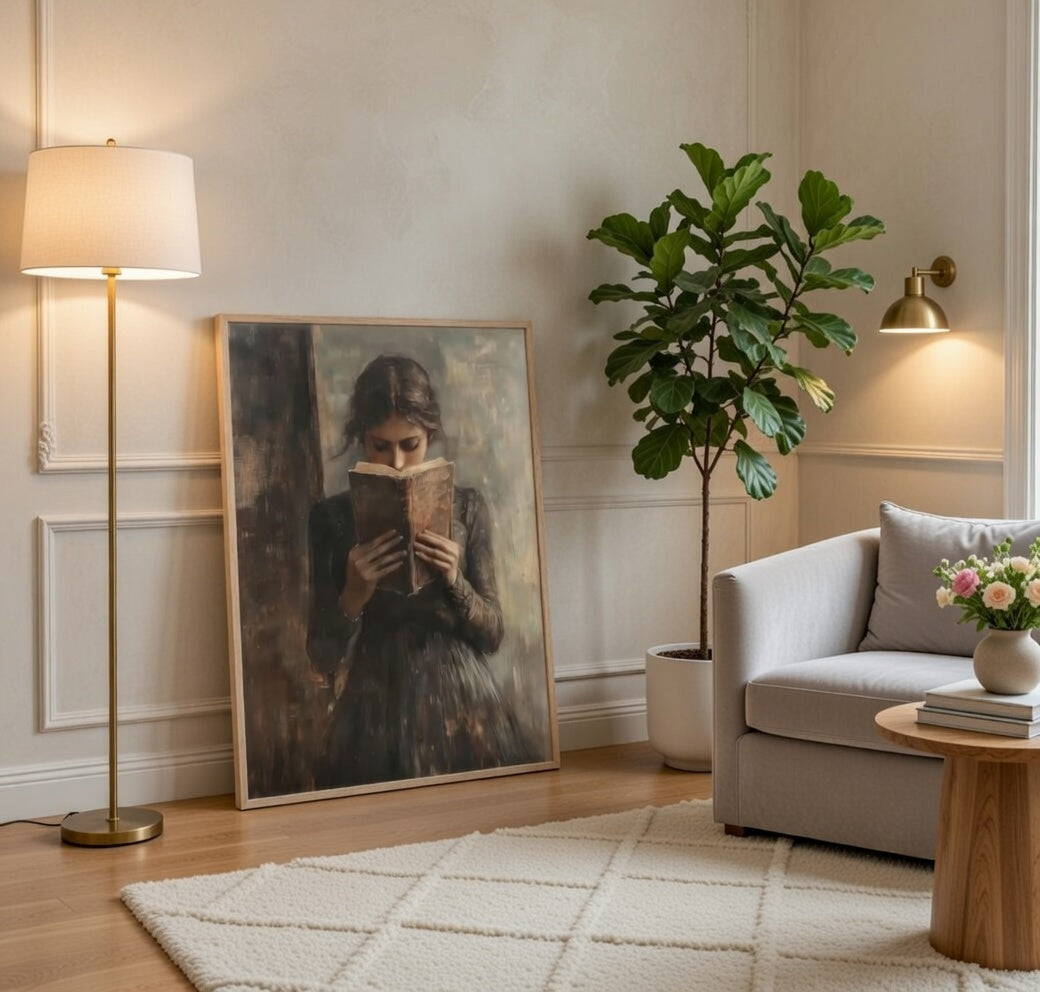 Plakat The Reader – Kobieta Czytająca Książkę | Dark Academia Vintage Figurative Moody Oil Painting Dekoracja Ścienna