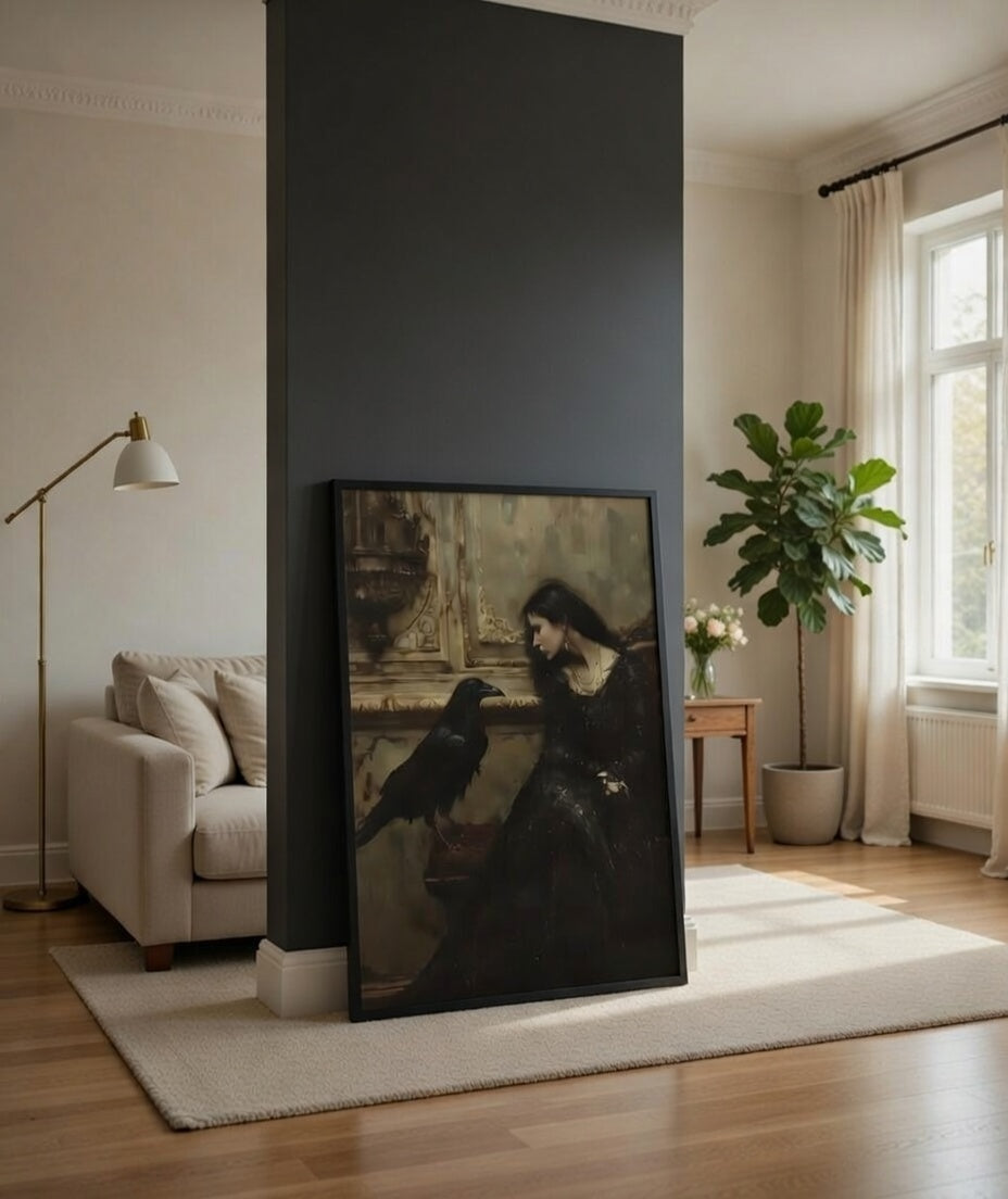Plakat The Raven Lady – Kobieta z Krukiem | Dark Romantic Gothic Vintage Dekoracja Ścienna