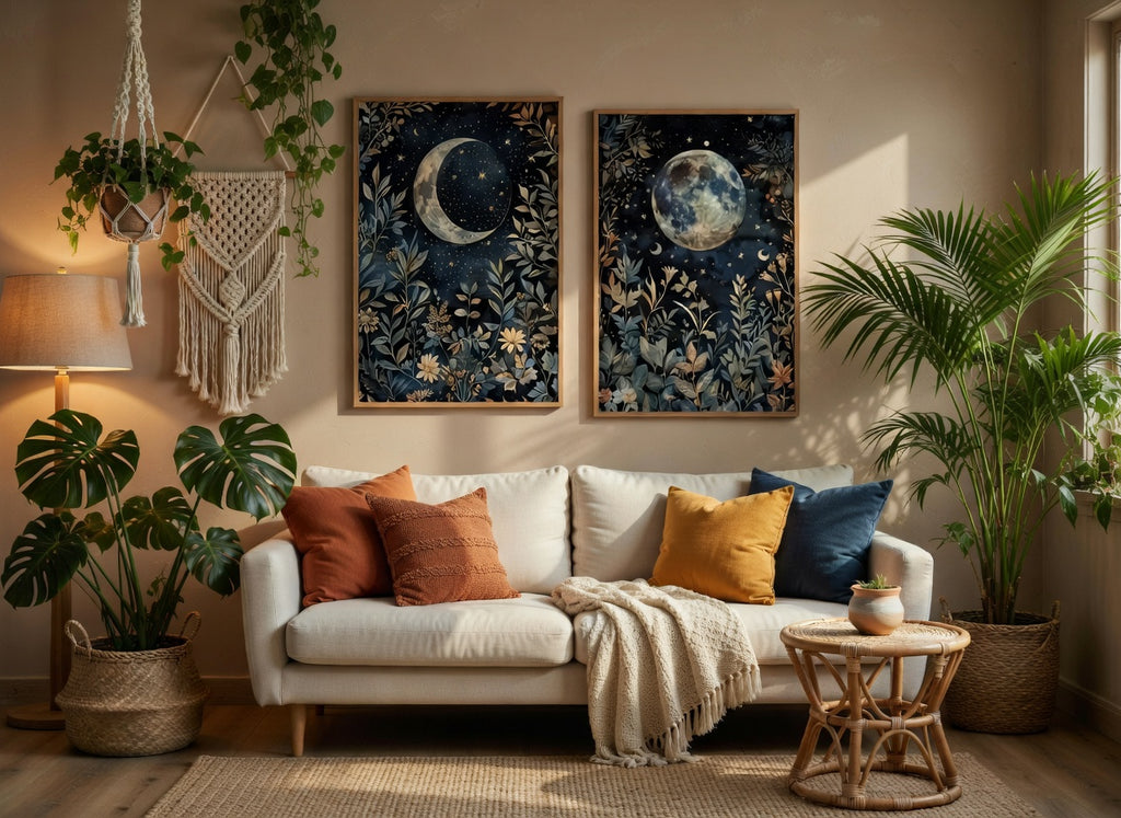 Plakat zestaw Two Sides of The Moon – Księżyc i Kwiaty | Celestial Boho Dekoracja Ścienna