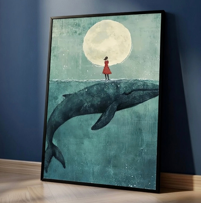 Plakat Girl on a Whale – Dziewczynka na Wielorybie | Whimsical Surrealism Dreamy Dekoracja Ścienna