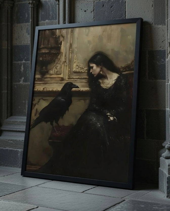 Plakat The Raven Lady – Kobieta z Krukiem | Dark Romantic Gothic Vintage Dekoracja Ścienna