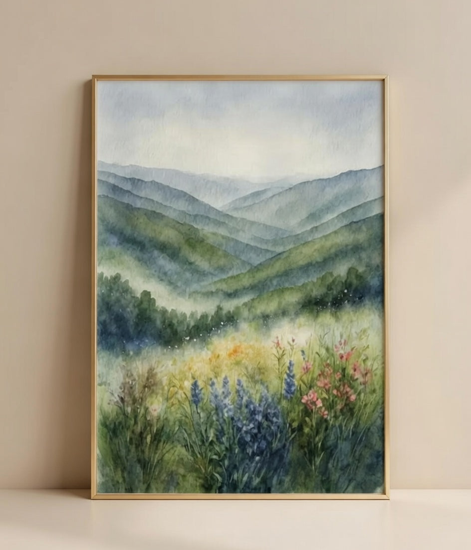 Plakat Misty Valley – Zielona Dolina z Kwiatami Łąkowymi | Watercolor Landscape Cottagecore Dekoracja Ścienna