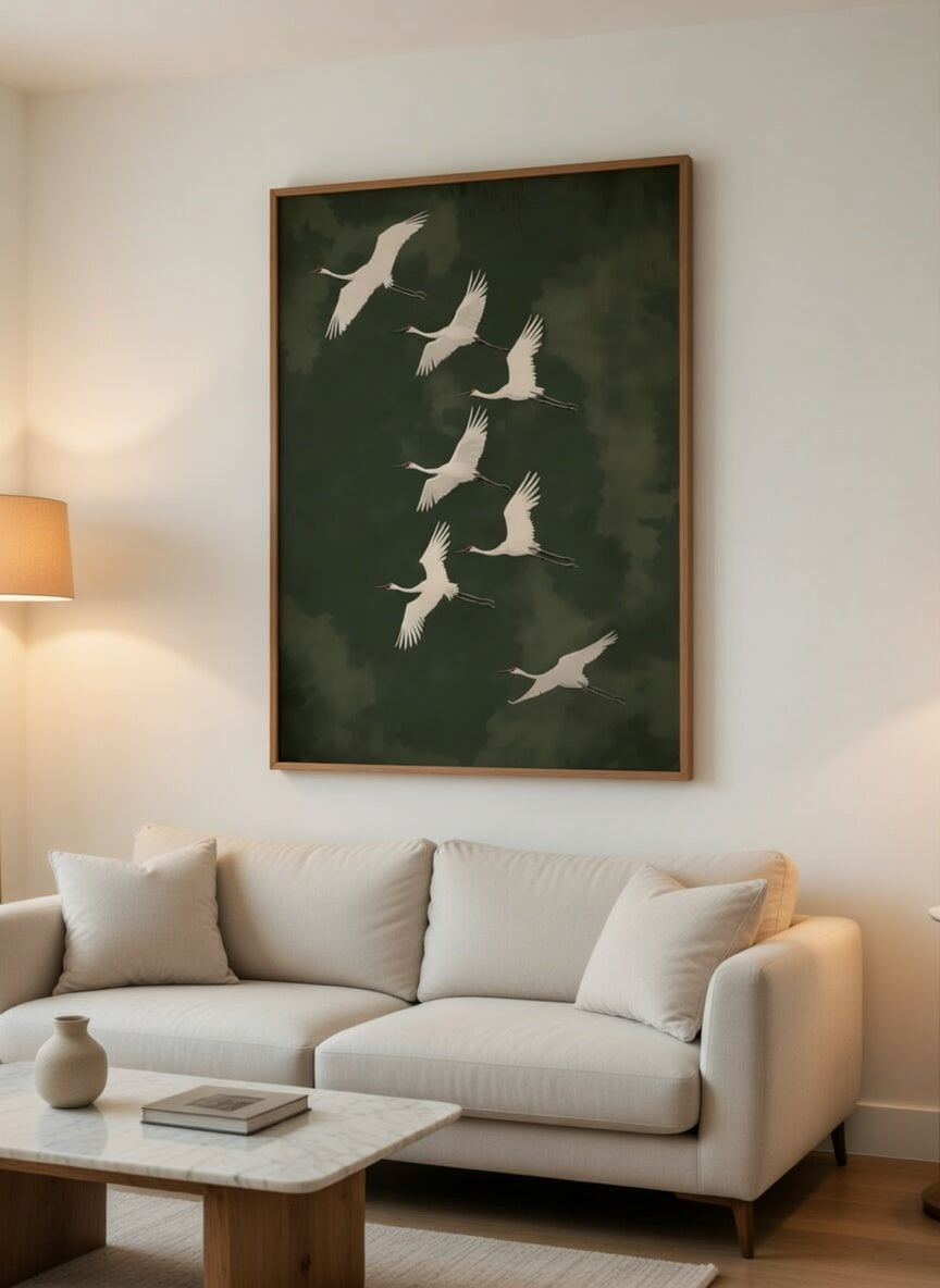 Plakat Emerald on the Sky – Białe Żurawie w Locie | Japandi Dark Luxury Dekoracja Ścienna