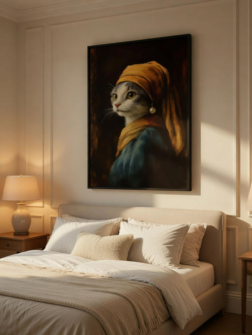 Plakat Cat with a Pearl Earring – Kot z Perłą | Humorystyczny Portret Vermeer Dekoracja Ścienna