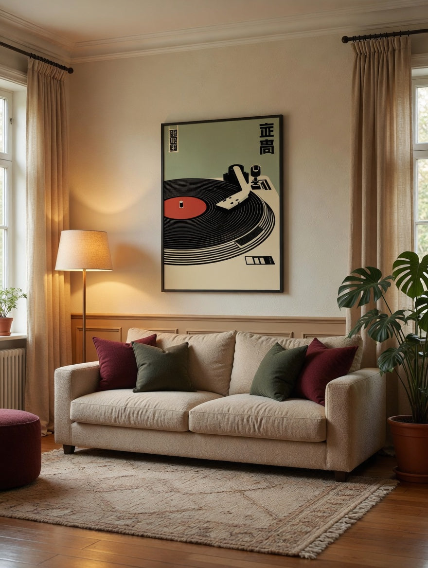Plakat Spinning Eternity – Retro Gramofon w Stylu Japońskim