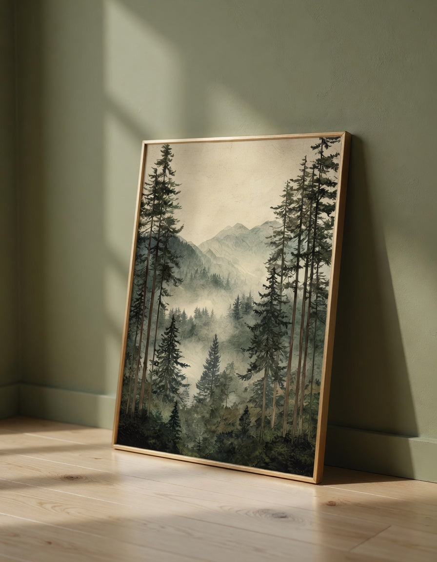 Plakat Misty Forest – Mglisty Las Iglasty | Watercolor Nature Dekoracja Ścienna