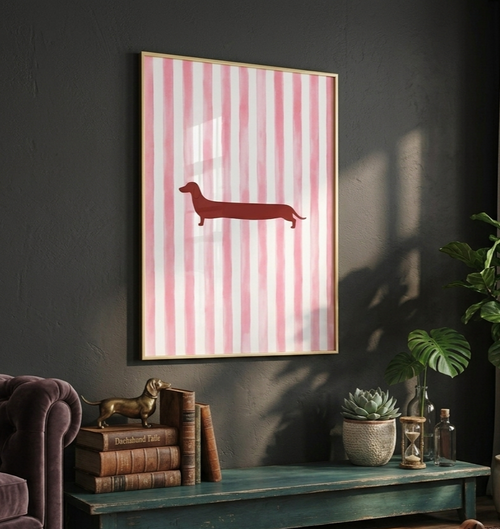 Plakat Dachshund Stripes – Jamnik na Różowych Paskach | Retro Vintage Dekoracja Ścienna