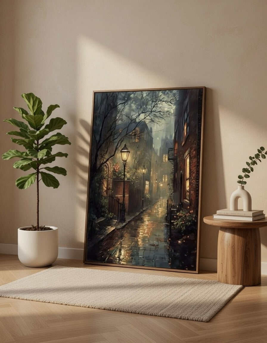 Plakat Rainy Night Alley – Nocna Uliczka z Latarnią | Dark Academia Moody Oil Painting Dekoracja Ścienna