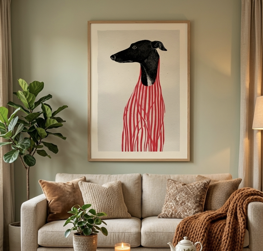 Plakat Greyhound Red Stripes – Czarny Chart w Czerwieni | Linodruk Boho Dekoracja Ścienna