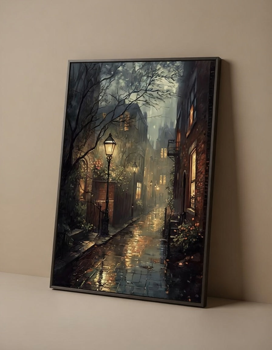 Plakat Rainy Night Alley – Nocna Uliczka z Latarnią | Dark Academia Moody Oil Painting Dekoracja Ścienna