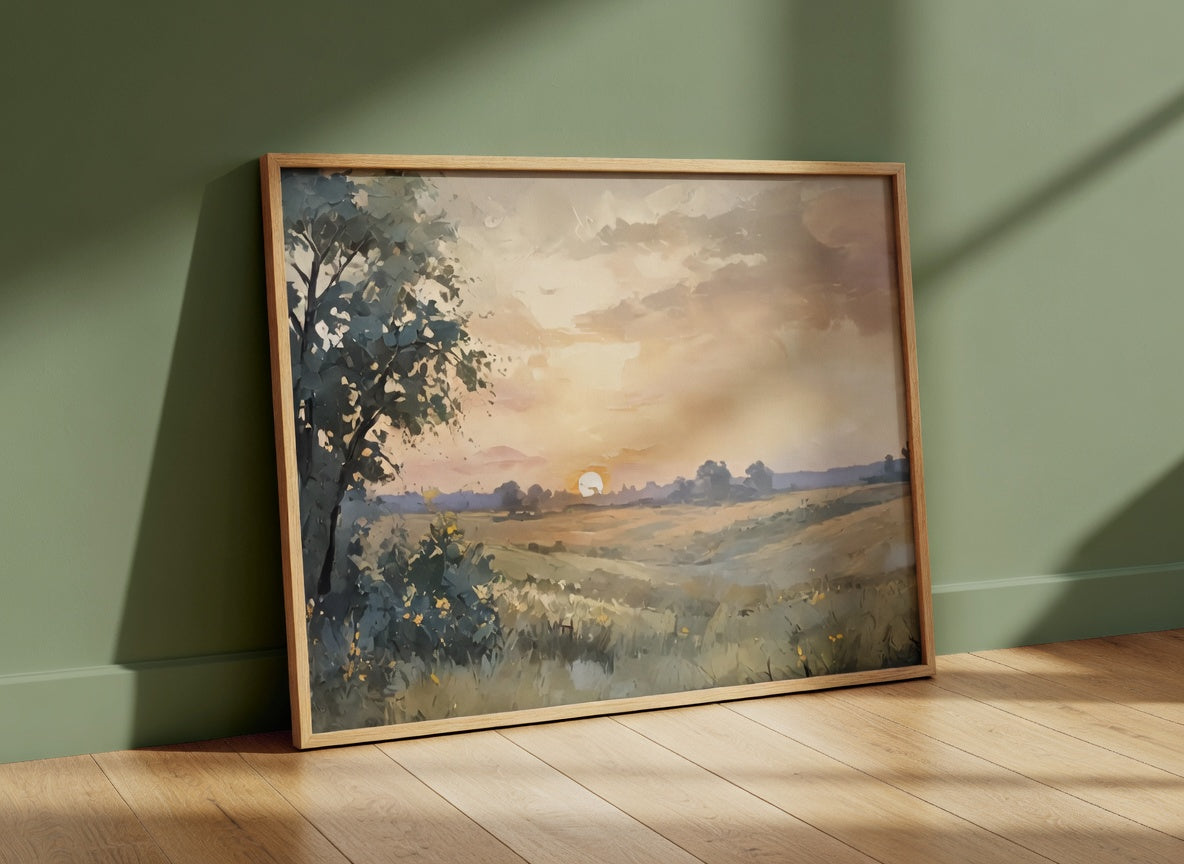 Plakat Sunset on the Field – Zachód Słońca nad Polem | Malarski Krajobraz Dekoracja Ścienna