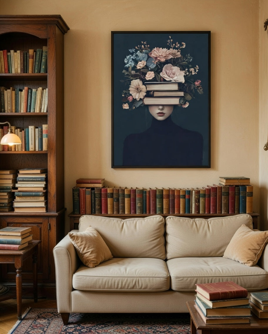 Plakat Blooming Mind – Kobieta z Książkami i Kwiatami | Dark Academia Surreal Dekoracja Ścienna