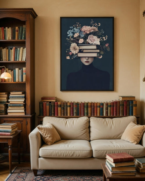 Plakat Blooming Mind – Kobieta z Książkami i Kwiatami | Dark Academia Surreal Dekoracja Ścienna