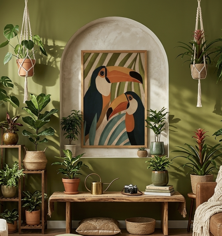 Plakat Toucans Tropical – Dwa Tukany w Dżungli | Botaniczny Art Deco Dekoracja Ścienna