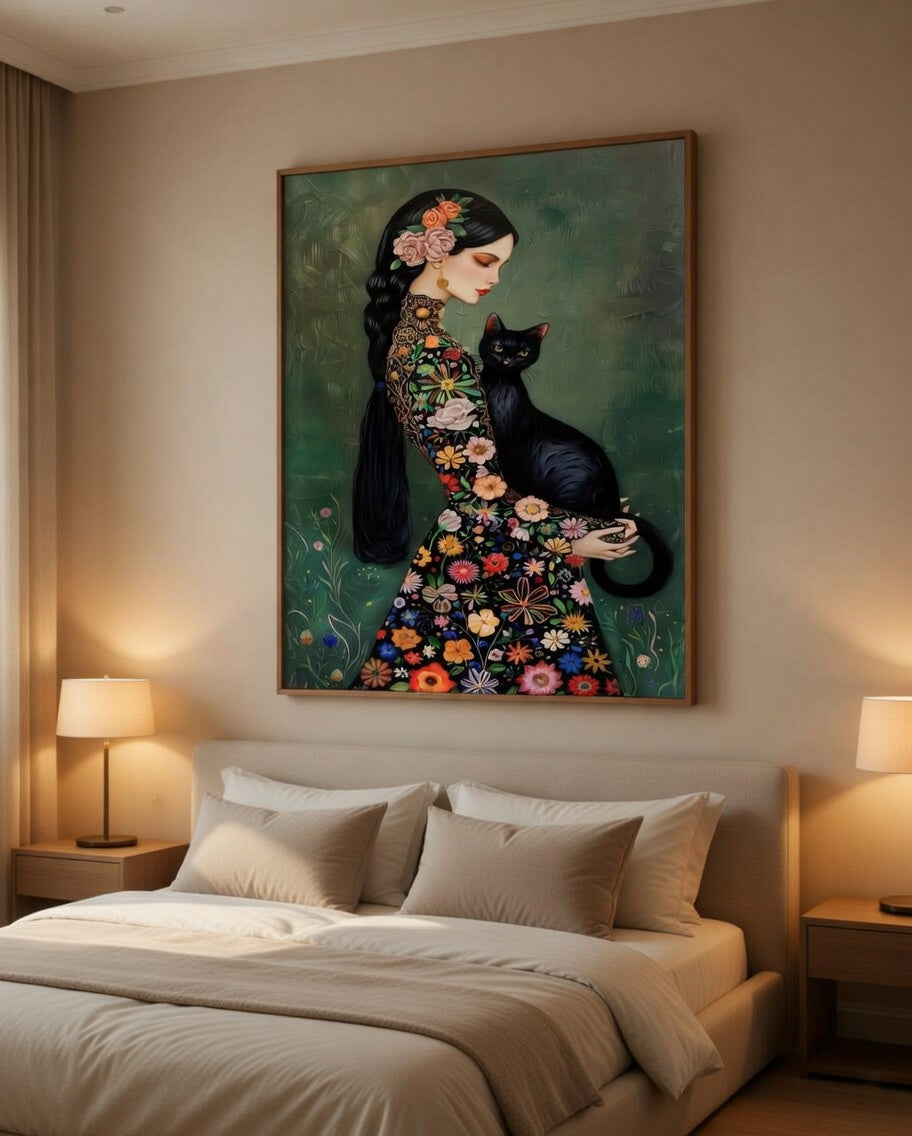 Plakat Lady of the Flowering Shadow – Kobieta z Czarnym Kotem | Folk Art Dekoracja Ścienna