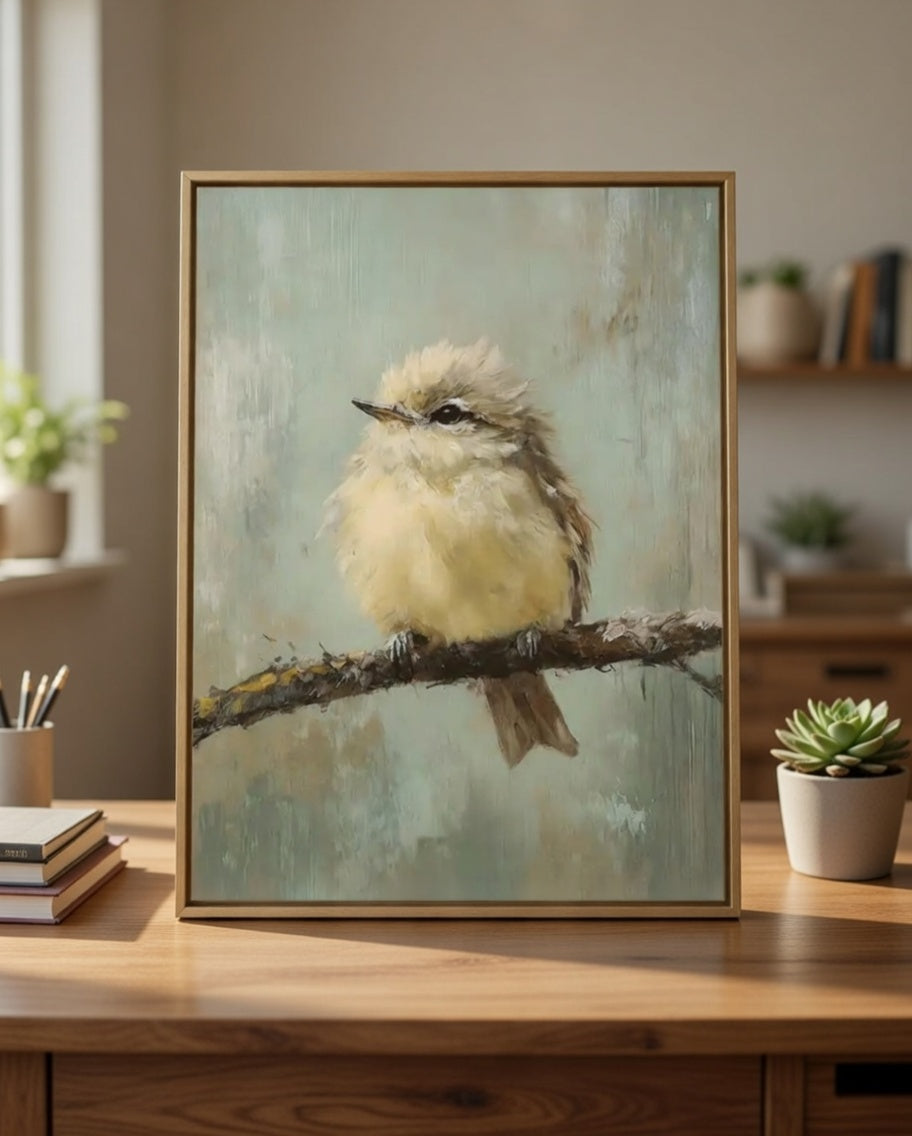 Plakat Little Bird on a Branch – Puszysty Ptaszek na Gałązce | Cottagecore Vintage Oil Painting Dekoracja Ścienna