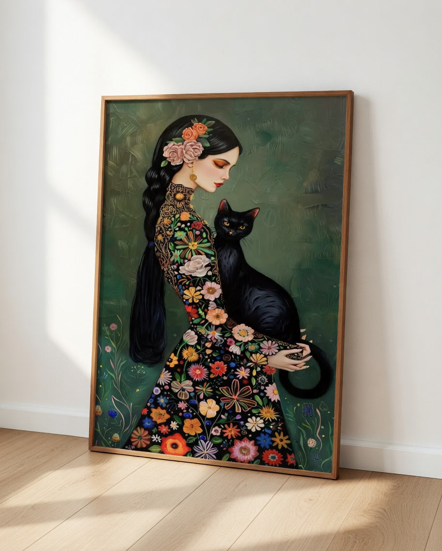 Plakat Lady of the Flowering Shadow – Kobieta z Czarnym Kotem | Folk Art Dekoracja Ścienna