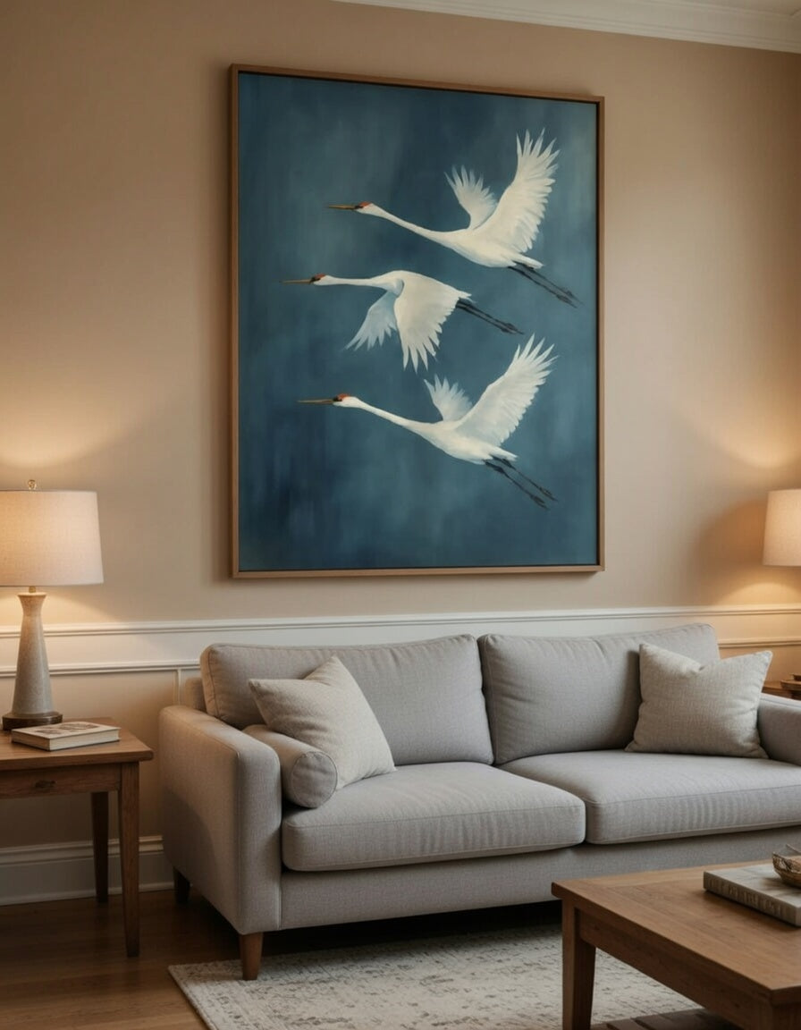 Plakat Three Cranes – Trzy Żurawie w Locie | Japandi Zen Coastal Dekoracja Ścienna