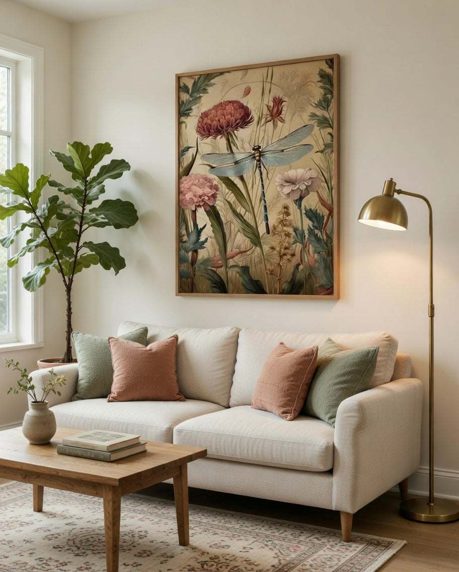Plakat Dragonfly Meadow – Ważka na Łące | Botanical Vintage Cottagecore Dekoracja Ścienna