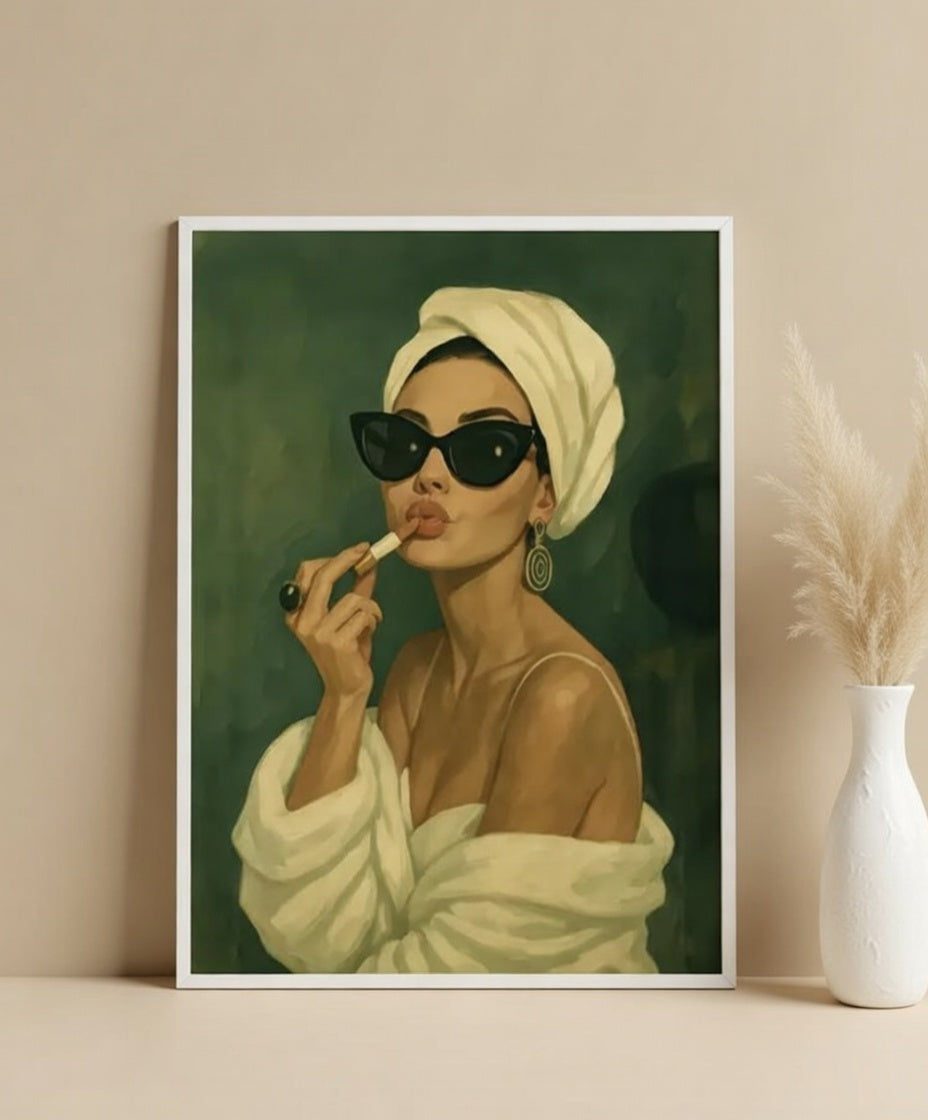Plakat Lipstick Morning – Kobieta w Szlafroku ze Szminką | Glam Editorial Quiet Luxury Dekoracja Ścienna