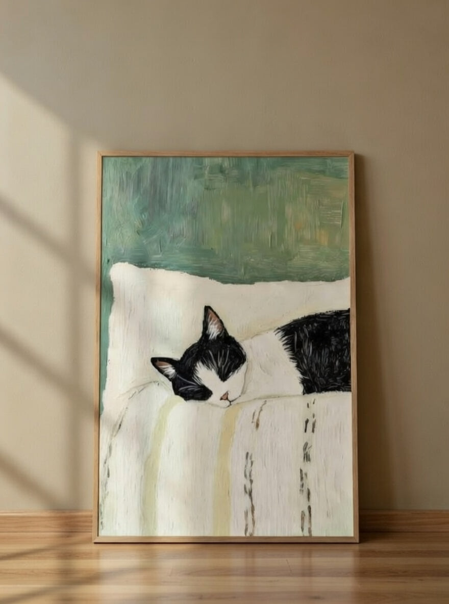 Plakat Sleeping Cat – Śpiący Kot na Poduszce | Cozy Aesthetic Scandi Dekoracja Ścienna