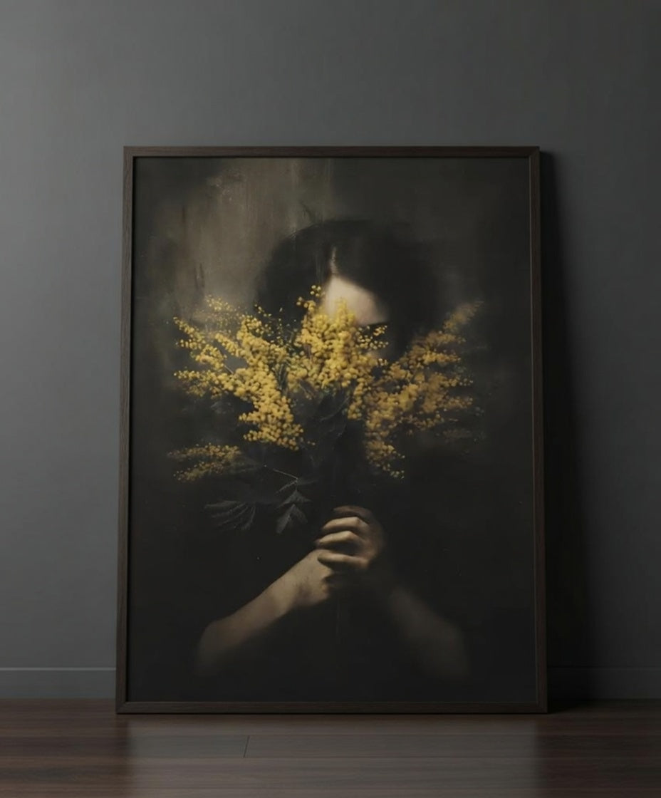 Plakat Mimosa – Kobieta z Gałązką Mimozy | Dark Figurative Moody Editorial Gothic Romantic Dekoracja Ścienna