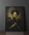 Plakat Mimosa – Kobieta z Gałązką Mimozy | Dark Figurative Moody Editorial Gothic Romantic Dekoracja Ścienna