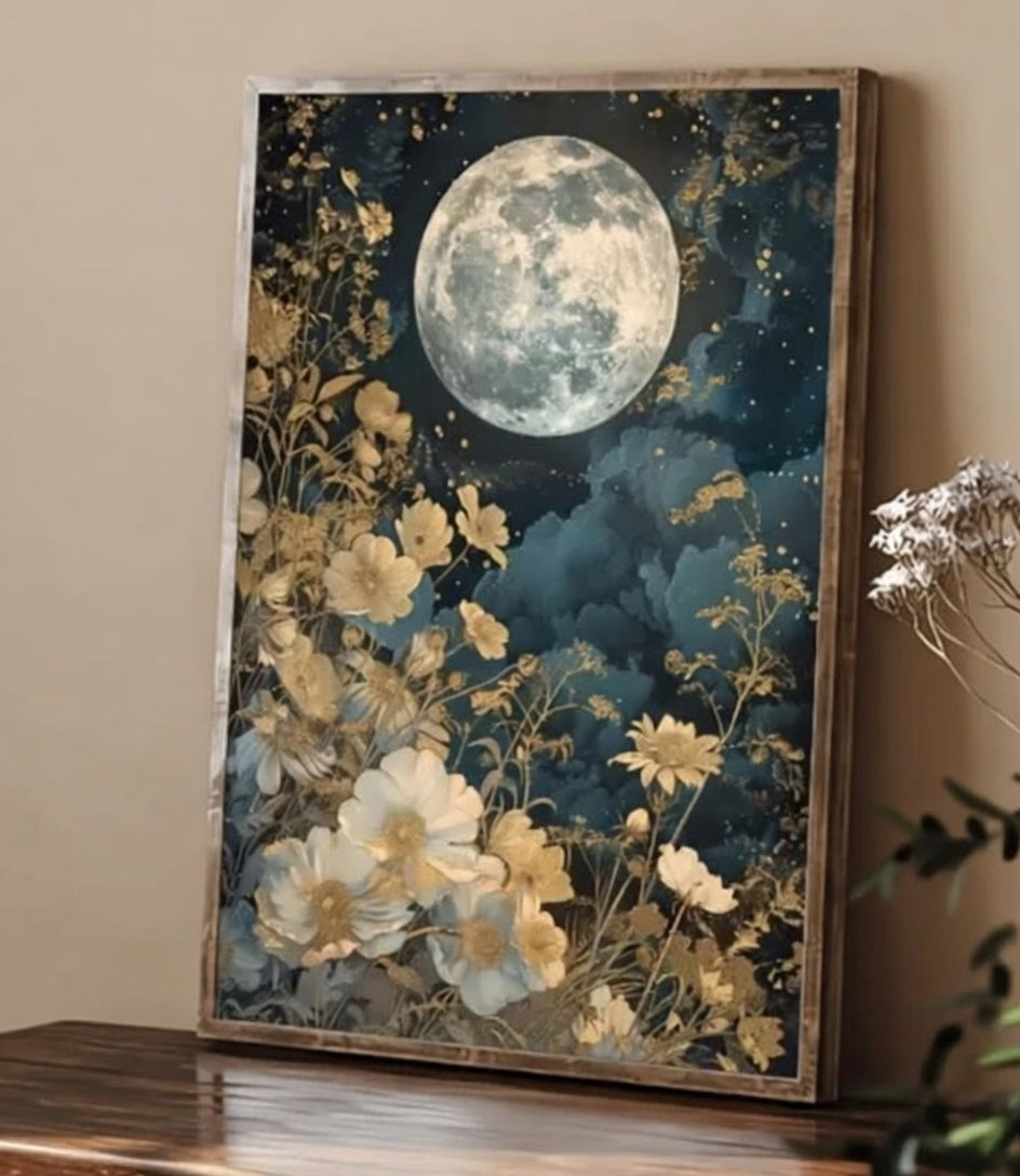 Plakat Full Moon Garden – Pełnia Księżyca nad Nocnym Ogrodem | Celestial Botanical Dekoracja Ścienna
