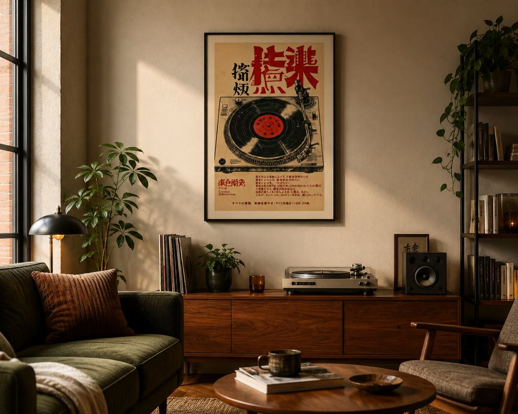 Plakat Tokyo Groove – Gramofon i Kanji | Japanese Retro Music Art Vintage Dekoracja Ścienna