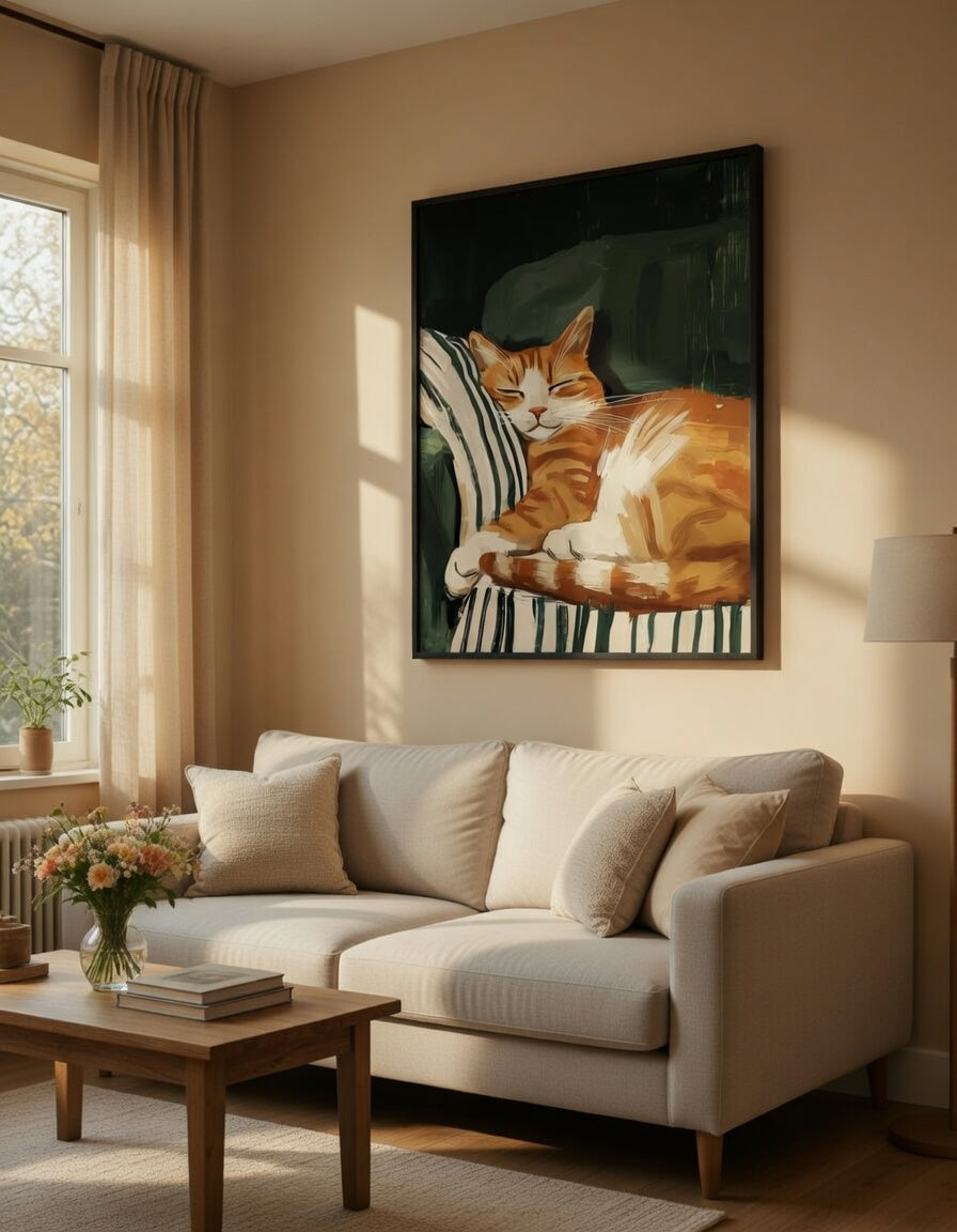 Plakat Ginger Cat Napping – Rudy Kot Śpiący na Fotelu | Cozy Aesthetic Cat Lover Dekoracja Ścienna