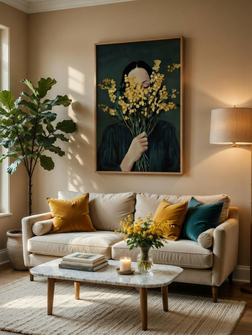 Plakat Mimosa Girl – Kobieta z Mimozą | Floral Portrait Quiet Luxury Dekoracja Ścienna