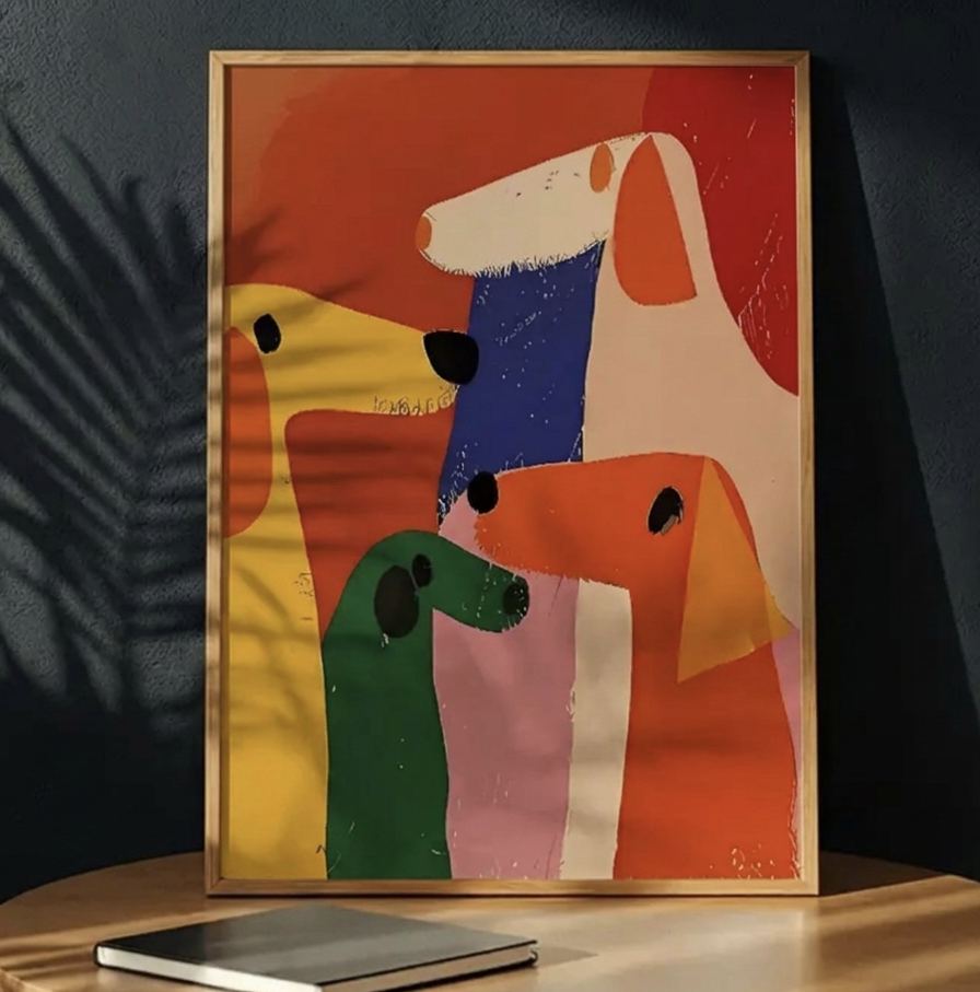 Plakat Colorful Dogs Abstract – Cztery Psy w Kolorowej Abstrakcji | Modern Pop Art Dekoracja Ścienna