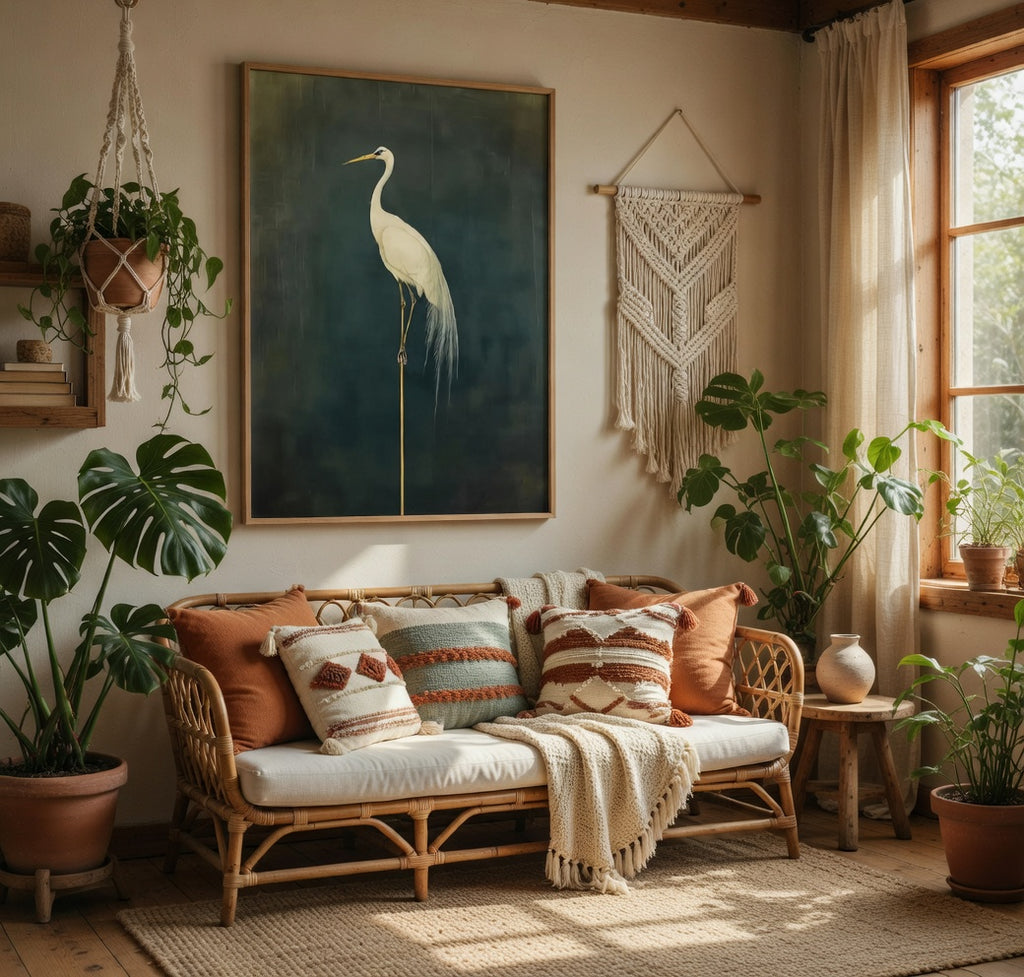 Plakat Standing Heron – Biała Czapla na Złotym Pręcie | Japandi Dark Luxury Dekoracja Ścienna