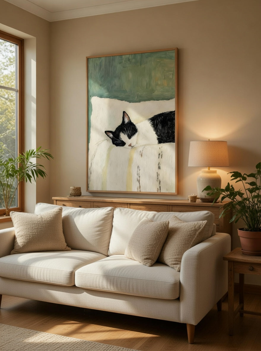 Plakat Sleeping Cat – Śpiący Kot na Poduszce | Cozy Aesthetic Scandi Dekoracja Ścienna