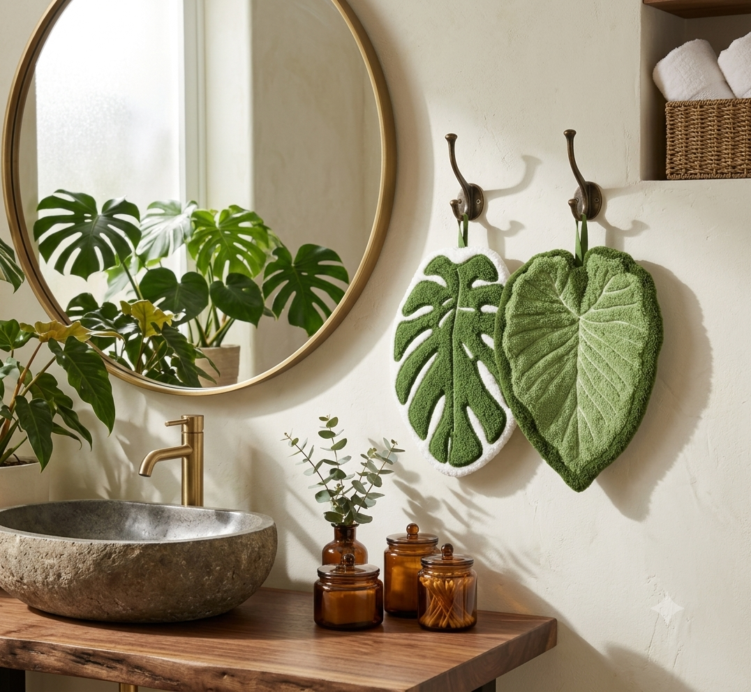 Tropical Leaves Hand Towel Set – Ręczniki Liście Monstera & Colocasia | Botaniczna Dekoracja Łazienki