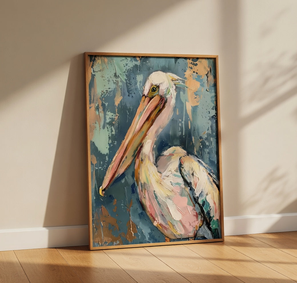 Plakat Pelican Portrait – Biały Pelikan | Coastal Impressionist Oil Painting Dekoracja Ścienna